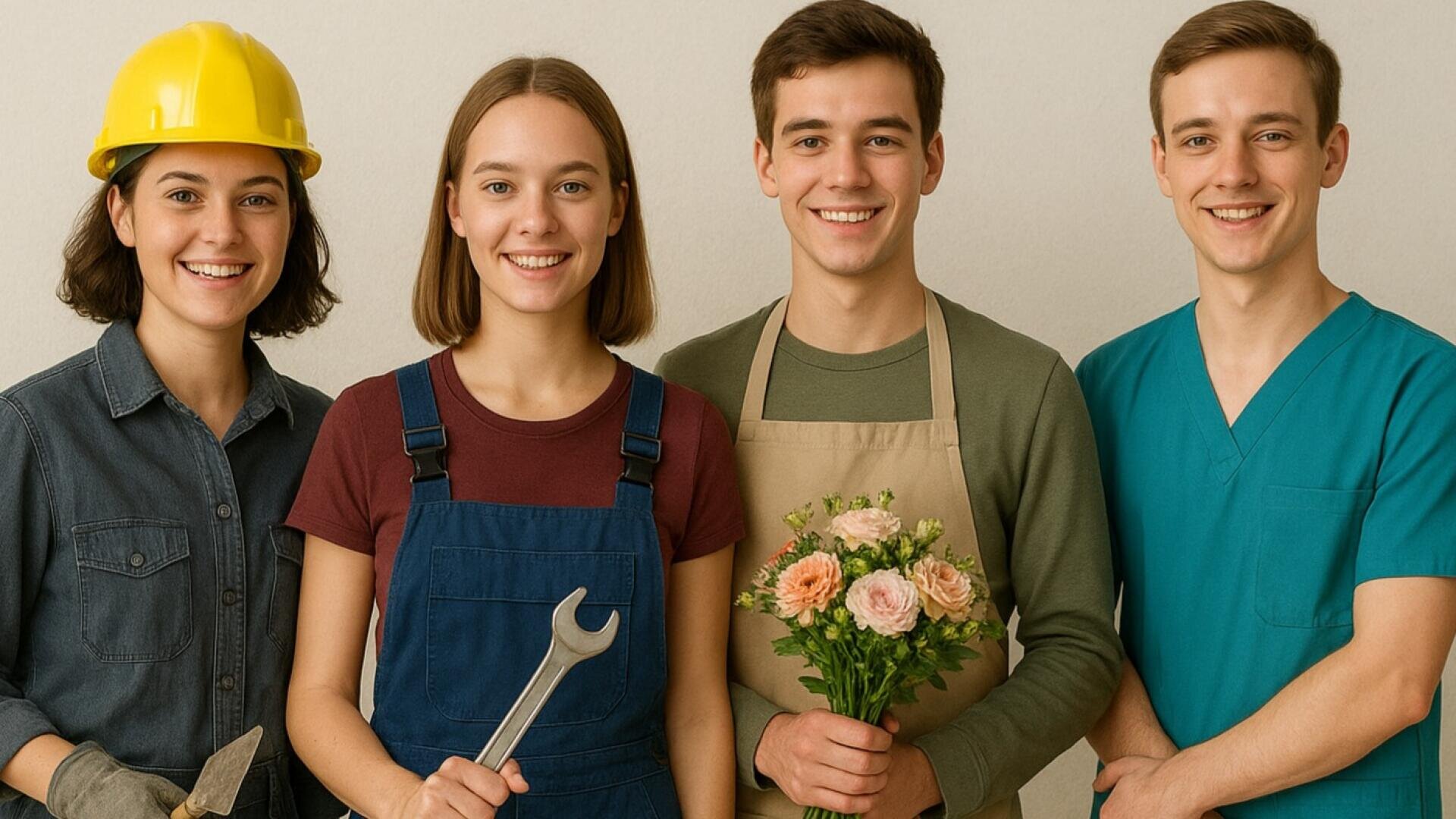Vier junge Erwachsene stehen nebeneinander und repräsentieren unterschiedliche Berufe: Bauarbeiter, Mechaniker, Florist und Angestellte im Gesundheitswesen. Sie lächeln in die Kamera vor einem neutralen Hintergrund.