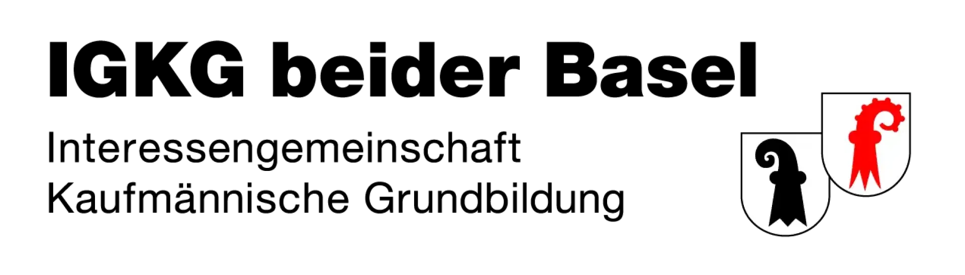 Logo der IGKG beider Basel mit dem Text Interessengemeinschaft Kaufmännische Grundbildung und zwei Schildsymbolen, einem schwarzen und einem roten, auf denen jeweils ein stilisierter Stab oder Bischofsstab abgebildet ist.