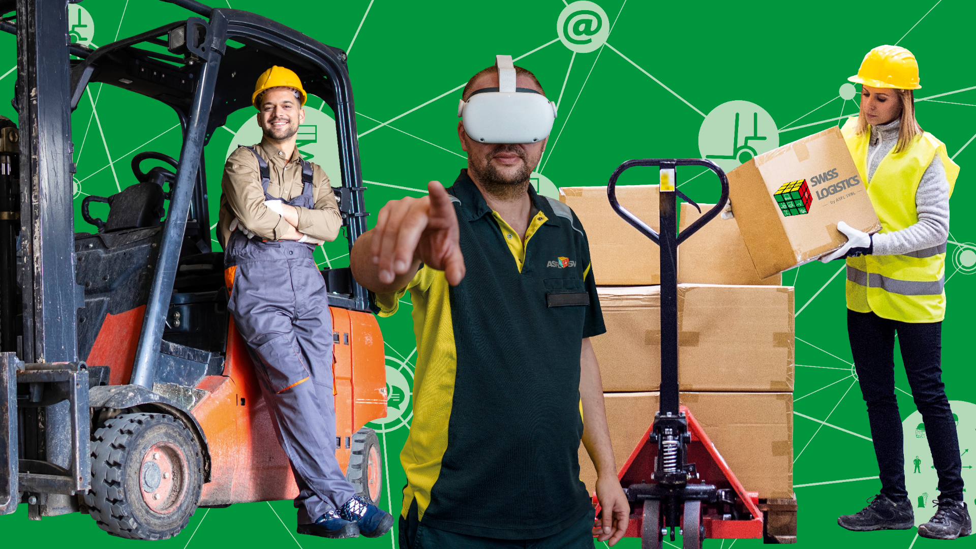 Ein Mann auf einem Gabelstapler, ein weiterer Mann mit einem VR-Headset und eine Frau mit Schutzhelm, die eine Kiste hält - alles vor einem grünen Hintergrund mit verbundenen technischen Symbolen und Pappkartons.