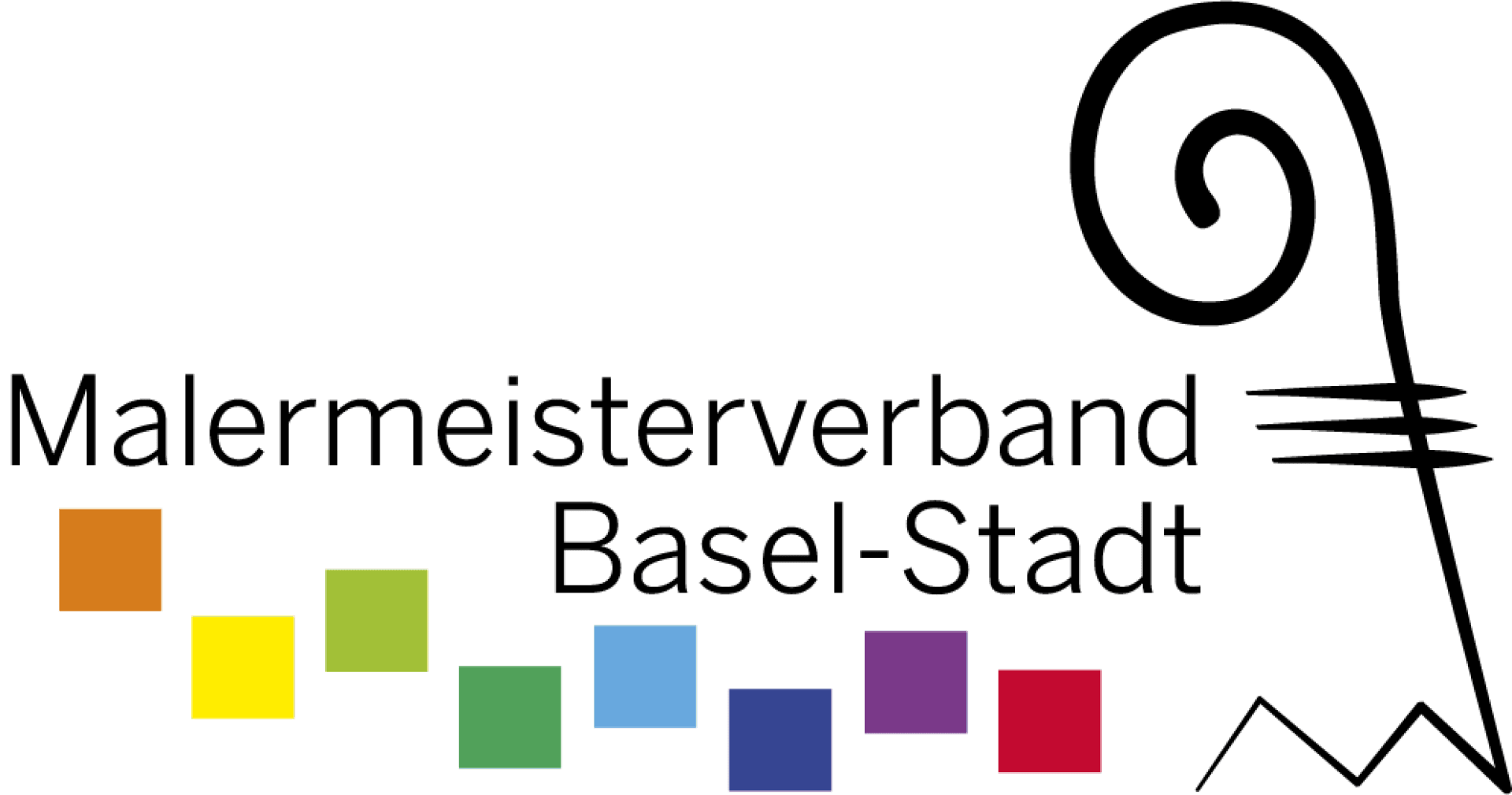 Logo für den Malermeisterverband Basel-Stadt mit bunten quadratischen Symbolen und einem stilisierten schwarzen Bischofsstab.
