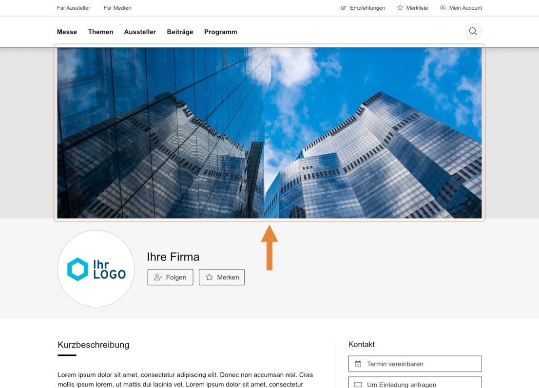Eine Website-Profilseite mit einem Headerbild moderner Glaswolkenkratzer, in denen sich der Himmel spiegelt, und einem Pfeil, der nach unten zu einem Firmenprofilabschnitt mit einem sechseckigen Logo, dem Firmennamen und Kontaktinformationen zeigt.